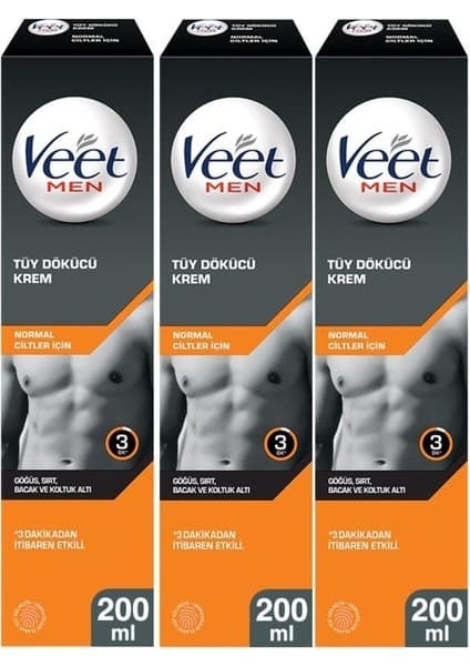 Veet Men Erkekler İçin Tüy Dökücü Krem 200 ml x 3 - Dermatolojik Olarak Test Edilmiş, 24 Saat Süren Nemlendirme ve Koku Önleyici Teknoloji