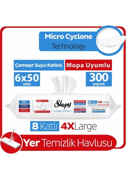 Sleepy Easy Clean Çamaşır Suyu Katkılı Mopa Uyumlu Yer Temizlik Havlusu&Mendili 6x50 (300 Yaprak)