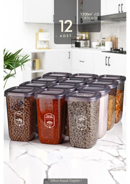 Kitchen Life 12 Adet Büyük Boy 1200 ml Plastik Kapaklı Erzak Saklama Kabı Seti Ultra Dayanıklı