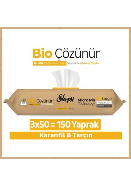 Sleepy Bio Çözünür Yüzey Temizlik Havlusu Karanfil&Tarçın 150 Yaprak 3x50 Günlük Kullanım
