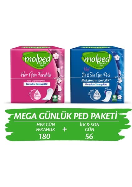 Molped Mega Ped Paketi 180'li Her Gün Ferahlık ve 56'lı İlk&Son Gün Pedi ile Konfor