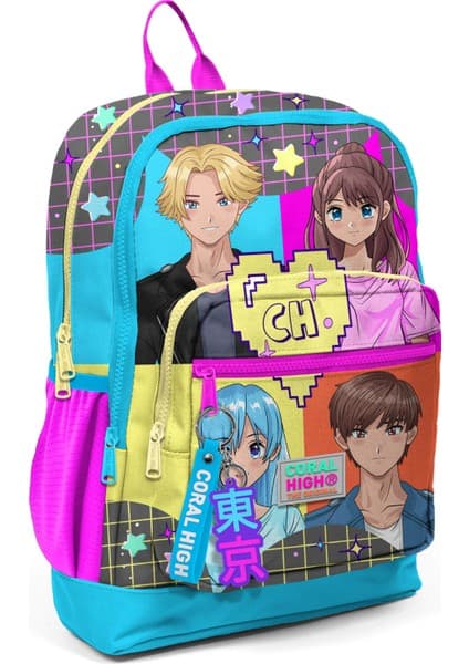 Coral High 23737 Dört Bölmeli Anime Desenli Polyester Okul Sırt Çantası 14.4 Litre Kapasite Gri Mavi Pembe