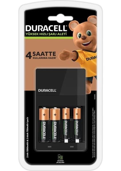 Duracell Cef14 4 Saat Pil Şarj Cihazı, 1 adet + 2'şer adet Şarj Edilebilir AA ve AAA Pil