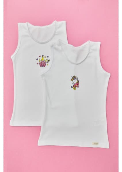 Katia & Bony Unicorn Kız Çocuk Atlet 2'li Paket Beyaz Esnek Kumaşlı Rahat Kesim