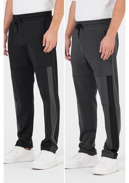 Mmetalic Erkek Siyah-Antrasit Standart Fit Normal Kesim Düz Paça Cep Fermuarlı Rahat Jogger 2'Li Eşofman Altı