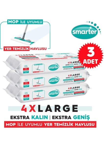 Smarter 3 Adet Yer Temizlik Havlusu Bezi 4xl Mopa Uyumlu Yüzey Beyaz Sabun Kokulu Sirke ve Karbonat Katkılı 90 Yaprak