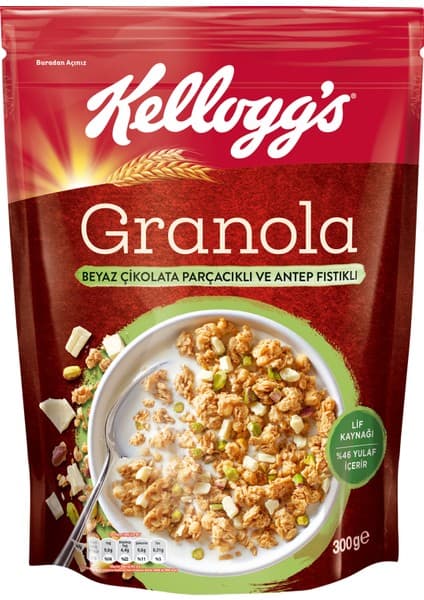 Kellogg's Granola Beyaz Çikolata Parçacıklı ve Antep Fıstıklı 300 Gr; 46% Yulaf İçerir