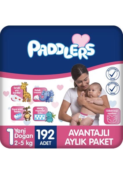 Paddlers Yenidoğan Bebek Bezi 1 Numara (2-5 Kg) 192 Adet – Aylık Paket - Hassas Ciltlere Uygun
