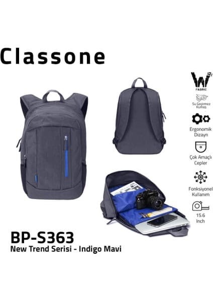 Classone BP-S363 15,6 inç Notebook Sırt Çantası-Mavi