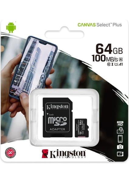 Kingston SDCS2-64GB 64GB micSDXC Canvas Select Plus 100R A1 C10 Card + ADP Hafıza Kartı
