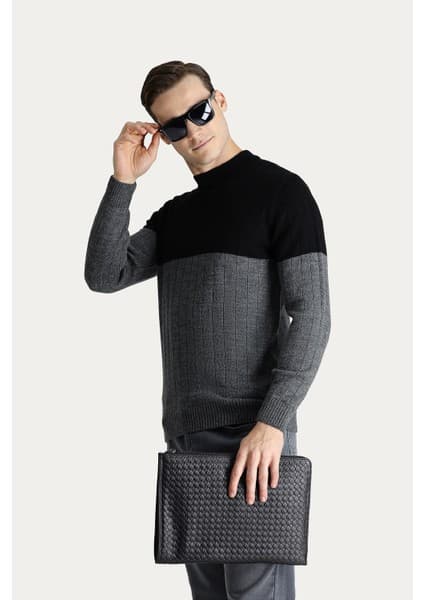 Kiğılı Slim Fit Dar Kesim Siyah Bisiklet Yaka Triko Kazak Erkek Günlük Stil İçin Uygun