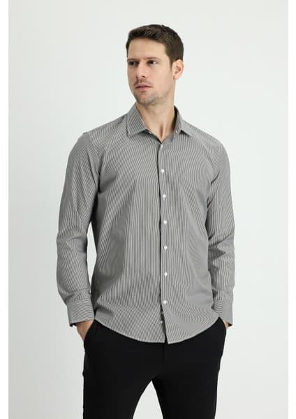 Kiğılı Uzun Kol Slim Fit Dar Kesim Klasik Çizgili Pamuklu Kolay Ütülenebilir Gömlek
