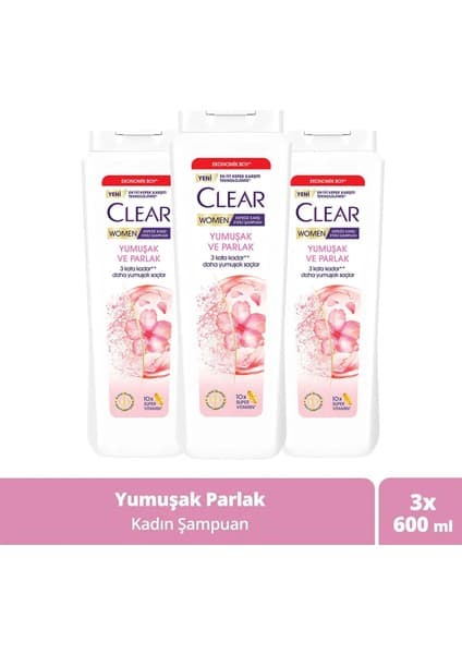 Clear Women Kepeğe Karşı Etkili Şampuan 600 Ml X 3 Kadınlar İçin Yumuşak Ve Parlak Saçlar