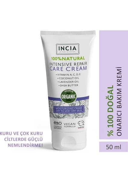 INCIA %100 Doğal Onarıcı Bakım Kremi Yoğun Nemlendirici Cilt Bakım Lavanta Avokado Shea Vegan 50 ml