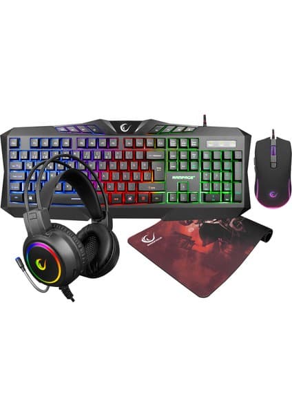 Rampage KM-404 Argentı Rainbow Aydınlatmalı USB Gaming Combo Q Klavye + Kulaklık + Mouse + Mousepad
