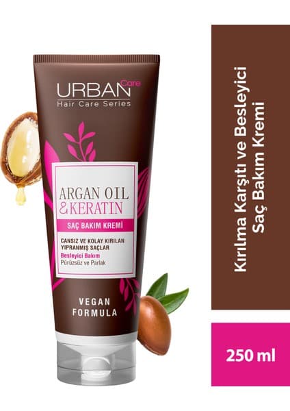 Urban Care Argan Yağı&Keratin Vegan Saç Bakım Kremi 250 ml Kolay Kırılan Yıpranmış Saçlar İçin Besleyici