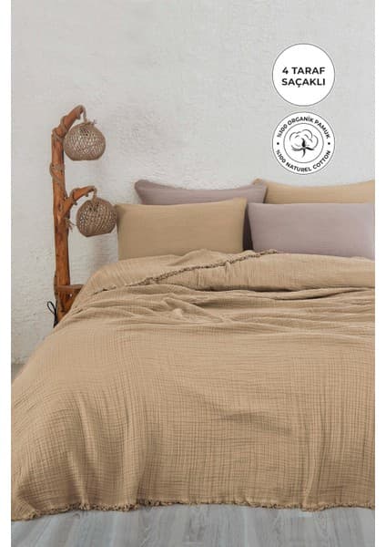 Evien Home %100 Pamuk Müslin Yatak Örtüsü Battal Boy Çift Kişilik 4 Katlı Müslin Pike Takımı 3 Parça Bej