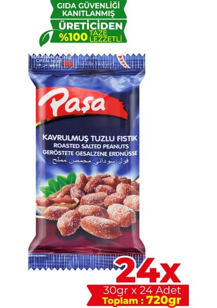 Paşa Kuruyemiş Kabuklu Kavrulmuş Tuzlu Fıstık 720 gr(24x30gr), Tuzlu Yer Fıstığı