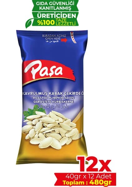Paşa Kuruyemiş Kavrulmuş Kabak Çekirdeği 480 gr (40 gr x 12 Adet) (Tuzlu Kabak Çekirdeği)