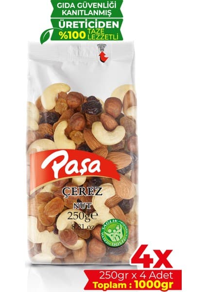 Paşa Kuruyemiş Çiğ Karışık Kuruyemiş 1kg (250 gr x 4 Ad.), Naturel Tuzsuz Karışık Kuruyemiş