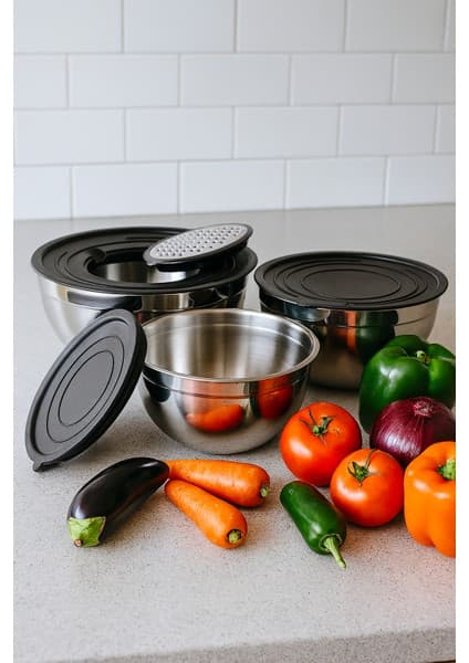 SERENK Modernist Çelik Karıştırma ve Saklama Kabı Seti 16-20-24 cm Paslanmaz Malzeme ile 850 ml Kapasite
