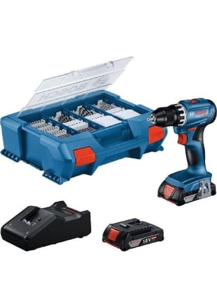 Bosch Gsr 18V-45 Çift Akülü 2.0 Ah Vidalama + 63 Parça Aksesuar Seti