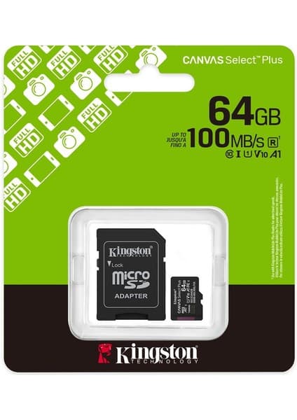 Kingston SDCS3/64GB 64GB microSDXC Canvas Select Plus Gen3 100MB/s A1 Card + Adapter