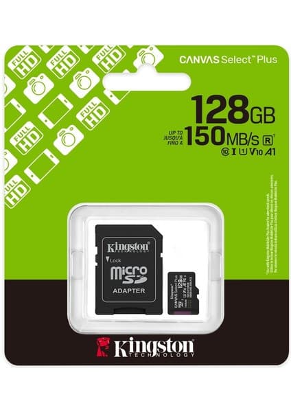 Kingston SDCS3/128GB 128GB microSDXC Canvas Select Plus Gen3 A1 150MB/s Hızlı Kart + Adaptör