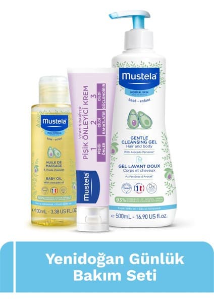 Mustela Bebek Günlük Bakım Seti – 500 ml Şampuan, 50 ml Pişik Önleyici Krem ve 100 ml Nemlendirici Bebek Yağı