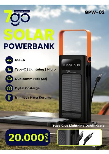 7Go Gpw-02 20.000MAH Solar Powerbank – 4xusb-A, Qualcomm 3.0 Hızlı Şarj, Dahili Lightning & Usb-C Kablo, Dijital Yüzdelik Ekran