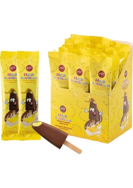 Elit Çikolata Dondurma Çubuğunda Muz Krema Dolgulu Sütlü Çikolata 30g Display Kutu (15x30g) Glutensiz