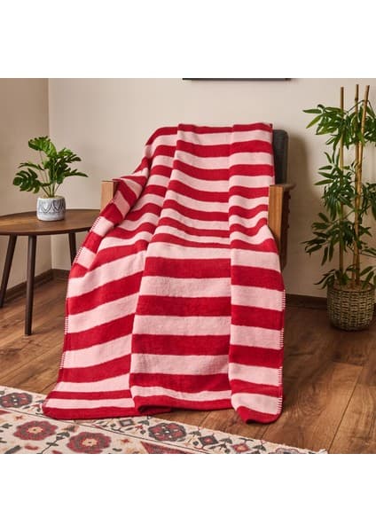 Evidea Soft Çizgili Pamuklu Tv Battaniyesi - Pembe / Kırmızı - 130X170 cm