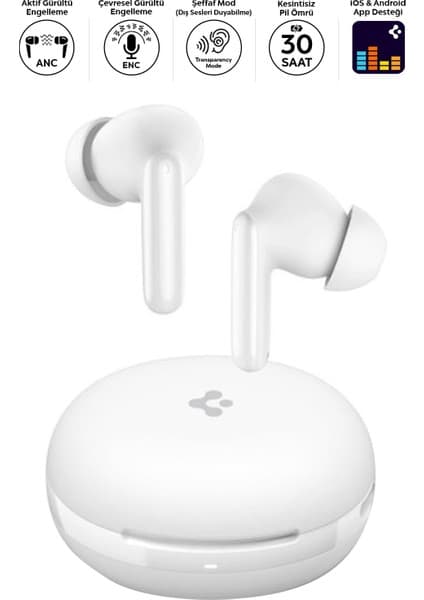 Spigen Audio TWS S10 Bluetooth Kablosuz Kulaklık - ANC Aktif Gürültü Engelleme & 10mm Sürücü & 30 Saat Pil & ENC 6 Mikrofon & Şeffaf & Gaming Mod iPX4 White - ASD07962