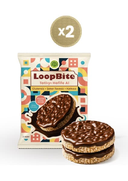 Glutensiz Fabrika Loopbite Bitter Çikolata Kaplamalı Basmati Pirinç Patlağı x 2 Paket Glutensiz Vegan Lezzet