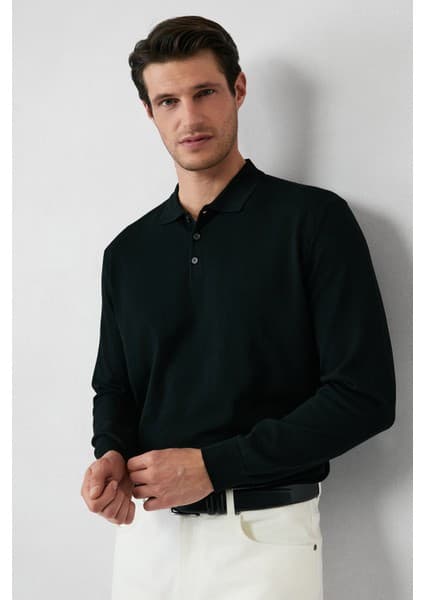 Kiğılı Regular Fit Polo Yaka Siyah Düz Triko Kazak Erkek Günlük Kullanım İçin