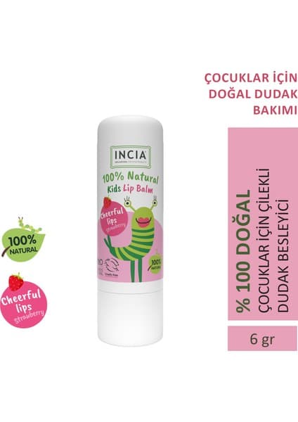INCIA %100 Doğal Kids Dudak Besleyici Çilek Bitkisel Formül ile Kuru Dudaklar İçin Nemlendirici Bakım Kremi 6 G