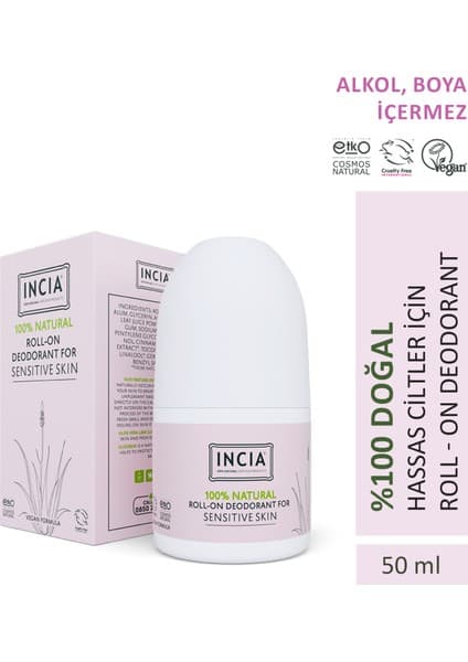 INCIA %100 Doğal Roll On Deodorant Hassas Ciltler İçin Ter Kokusu Önleyici Leke Yapmayan 50 ml