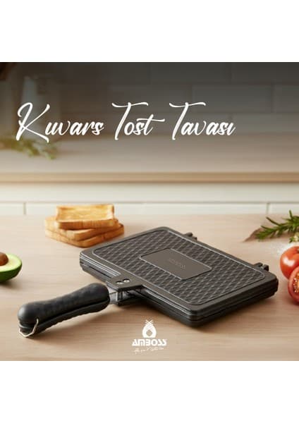 Amboss Kuvars Döküm Tost Tavası 25x18 cm Yapışmaz Tabanlı Siyah Düz Tava