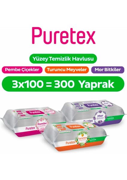 Puretex Yüzey Temizlik Havlusu Pembe Çiçekler+Turuncu Meyveler+Mor Bitkiler 3X100 (300 Yaprak)