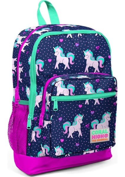 Coral High Kids Unicorn Desenli Dört Bölmeli Lacivert Okul Sırt Çantası 23467