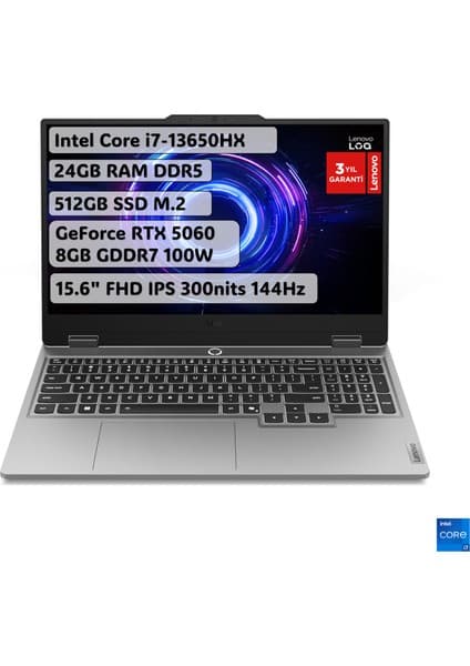 Lenovo LOQ Oyun Taşınabilir Bilgisayar 15.6" FHD 144Hz Intel Core i7 13650HX 24GB RAM 512GB SSD RTX5060 Freedos