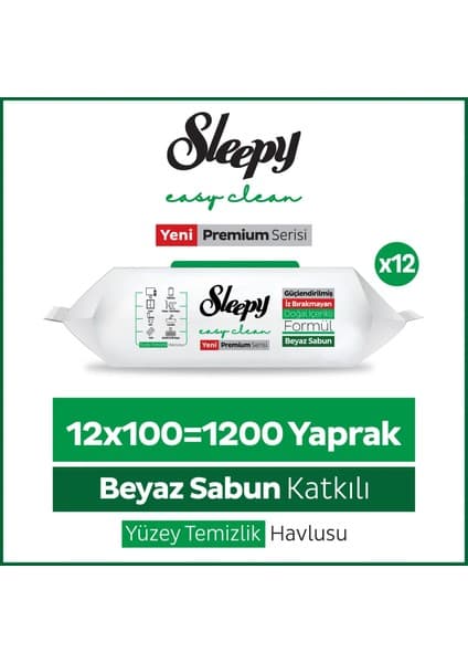Sleepy Easy Clean Premium Beyaz Sabun Katkılı Yüzey Temizlik Havlusu Mendili 12x100 (1200 Yaprak)