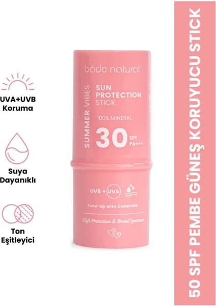 Bade Natural Pembe %100 Mineral Filtreli Güneş Koruyucu Stick 30 SPF Tüm Cilt Tipleri İçin 6g
