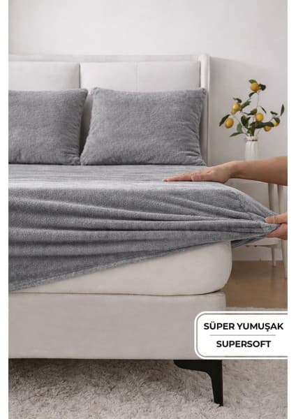 Evien Home Süper Yumuşak Flanel Kadifemsi Peluş Lastikli Fitted Çarşaf Seti Kaymaz Tek/Çift Kişilik Gri