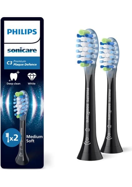 Philips Sonicare Premium Plaque Defence Yedek Başlık, 10 Kat Daha Fazla Plak Temizliği, Yumuşak Fırça Başlığı, 2’li Paket, Siyah, HX9042/88