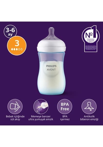 Philips Avent Doğal Tepkili PP Mavi Biberon, 260ml, 3-6 Ay, SCY903/21