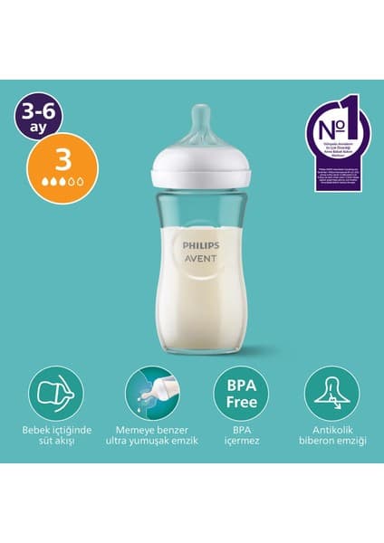 Philips Avent Doğal Tepkili Cam Biberon, 240ml, 3-6 Ay, SCY933/01