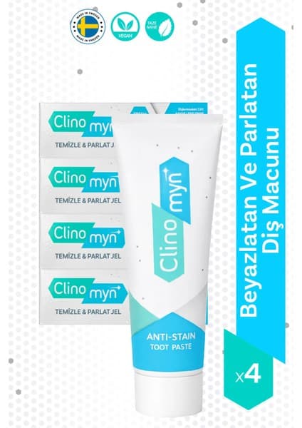Clinomyn Fresh Temizleme Parlatma Diş Beyazlatan ve Parlatan Jel Diş Macunu 75 ml x 4 Adet