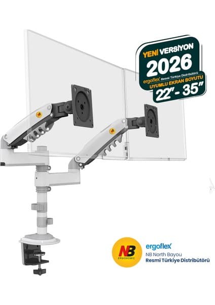 Nb North Bayou Ergoflex North Bayou NB H180 Beyaz Amortisörlü Monitör Standı 17-27 inch Masaya Monte Ergonomik