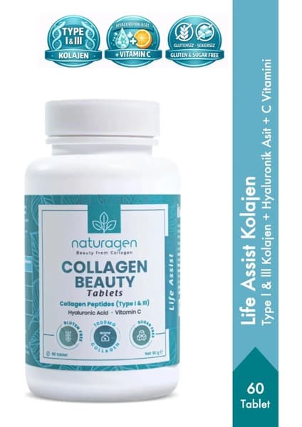 Naturagen Life Assist Beauty Collagen 1000 mg 60 Tablet | Tip 1 & Tip 3 Kolajen | Hyaluronik Asit & C Vitamini
